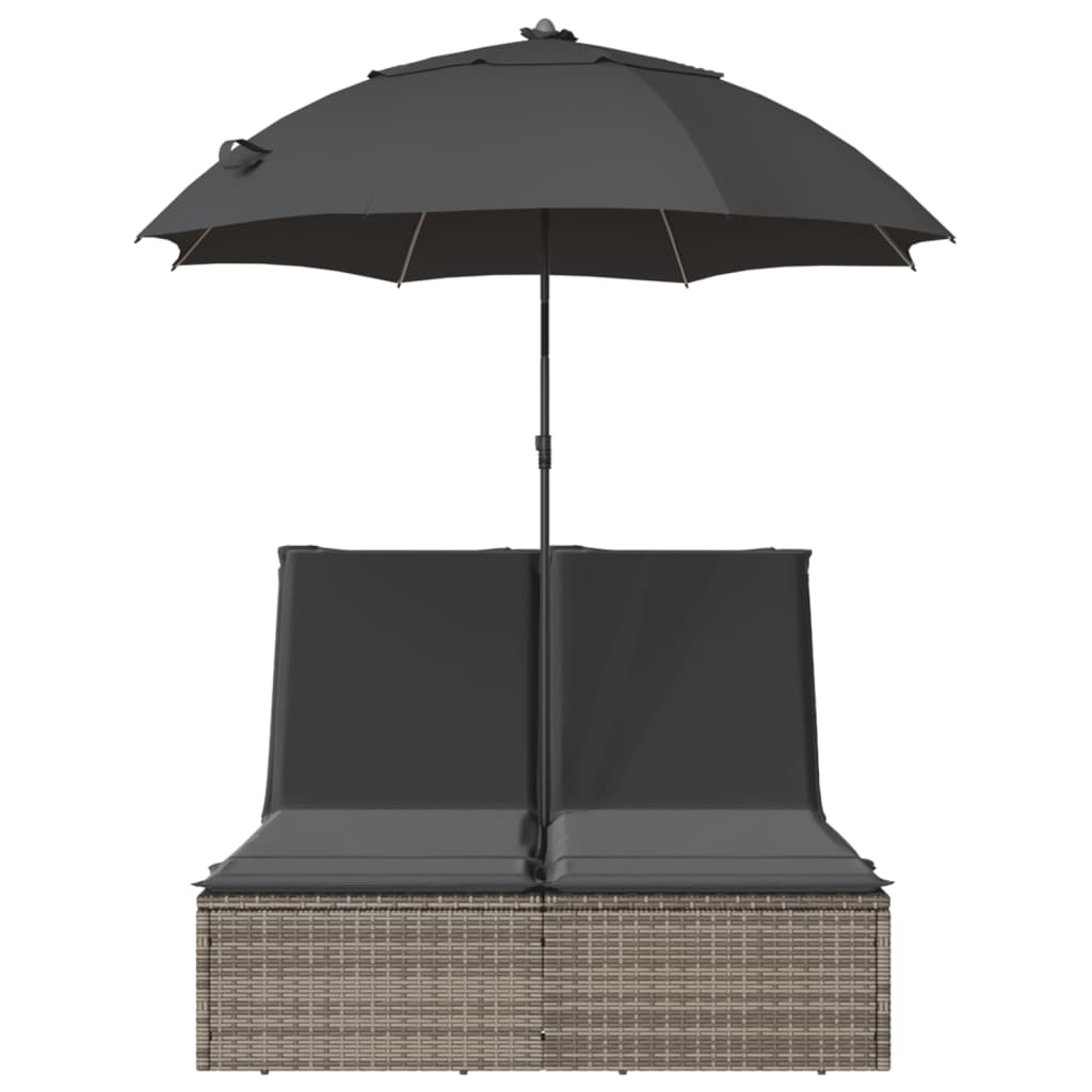 Bain de Soleil Double avec Coussin &amp; Parasol Poly Rotin Gris