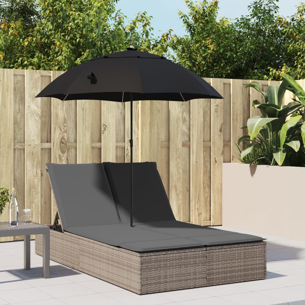 Bain de Soleil Double avec Coussin &amp; Parasol Poly Rotin Gris