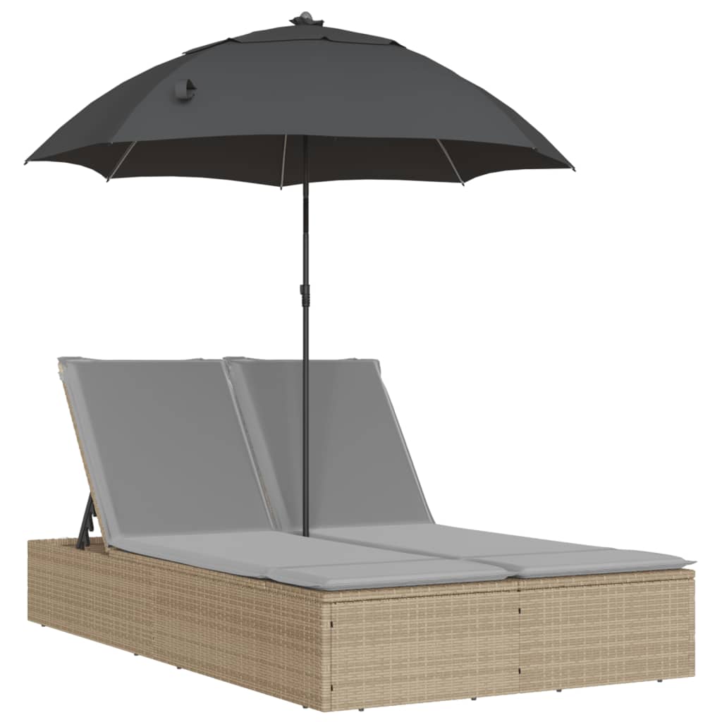 Bain de soleil double avec coussins et parasol en polyrotin beige