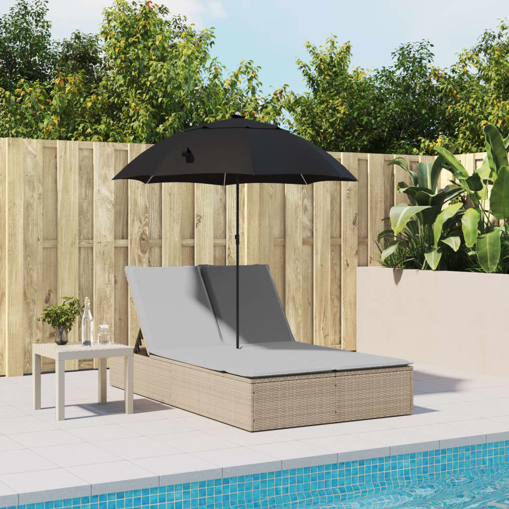 Bain de soleil double avec coussins et parasol en polyrotin beige