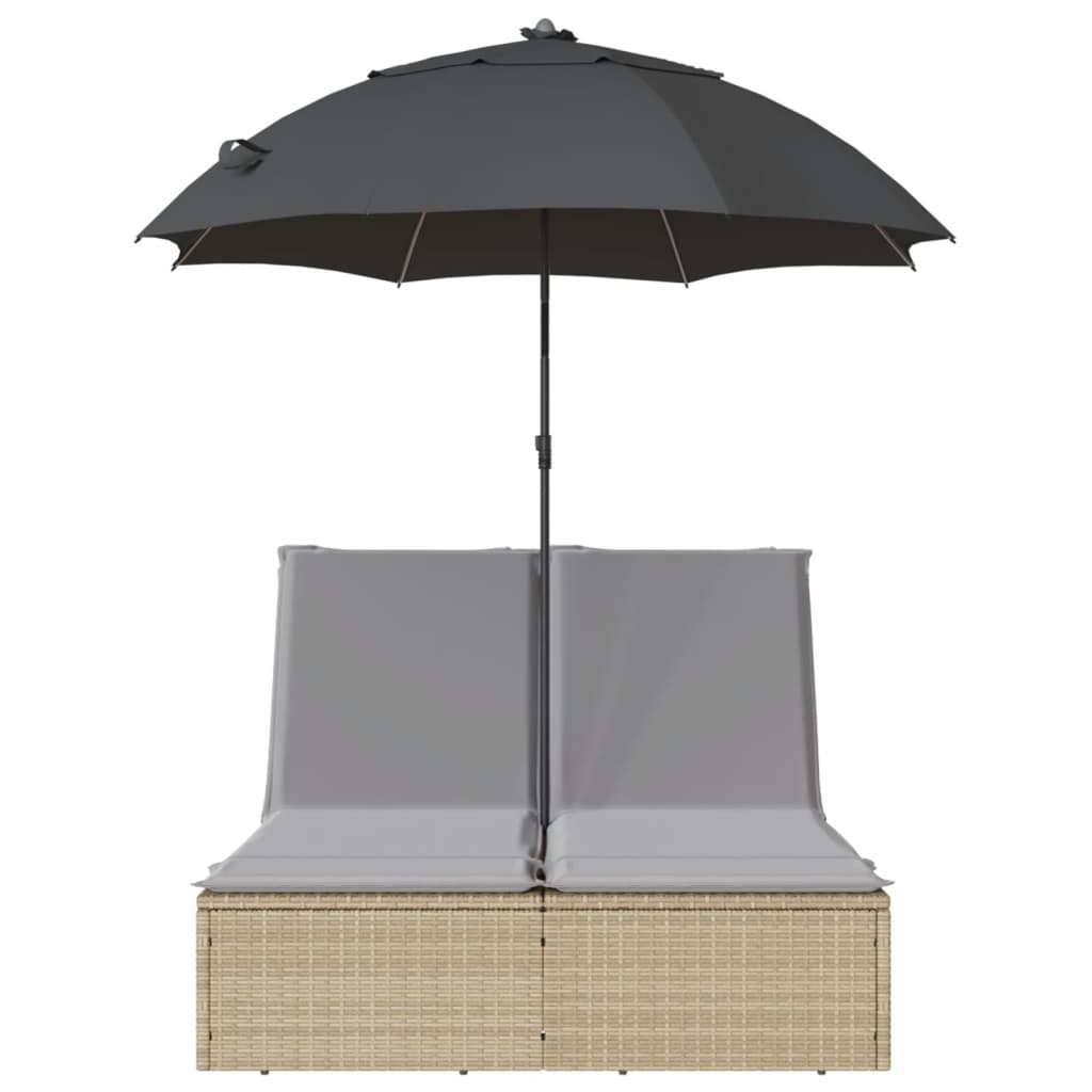 Bain de soleil double avec coussins et parasol en polyrotin beige