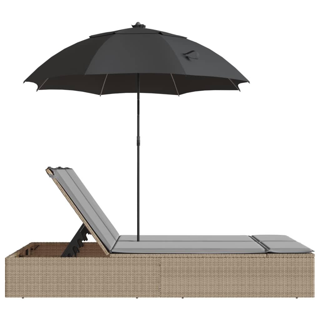 Bain de soleil double avec coussins et parasol en polyrotin beige