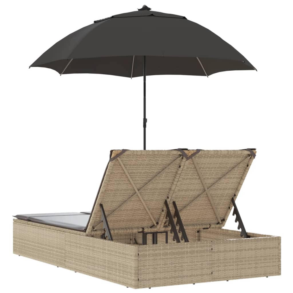 Bain de soleil double avec coussins et parasol en polyrotin beige