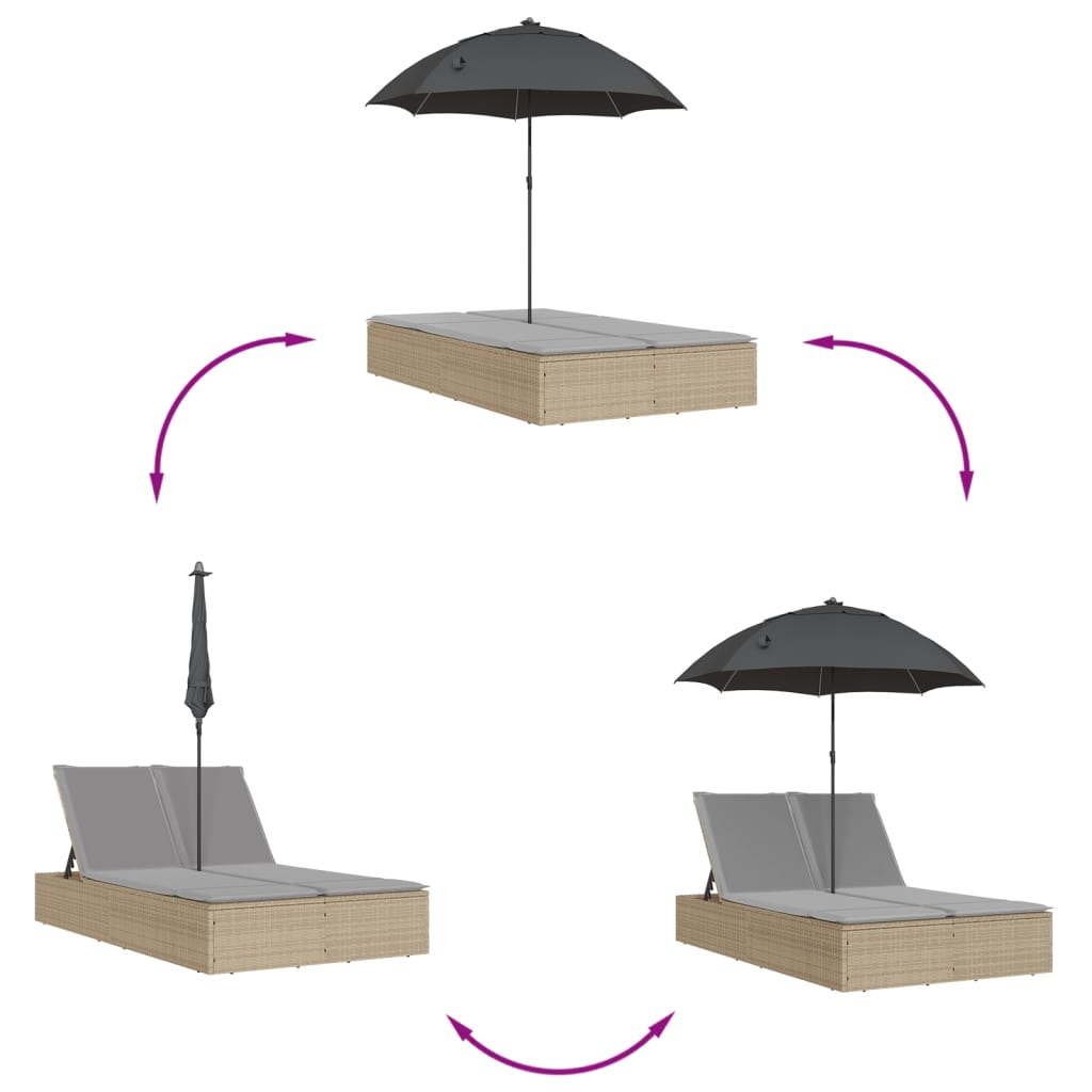 Bain de soleil double avec coussins et parasol en polyrotin beige