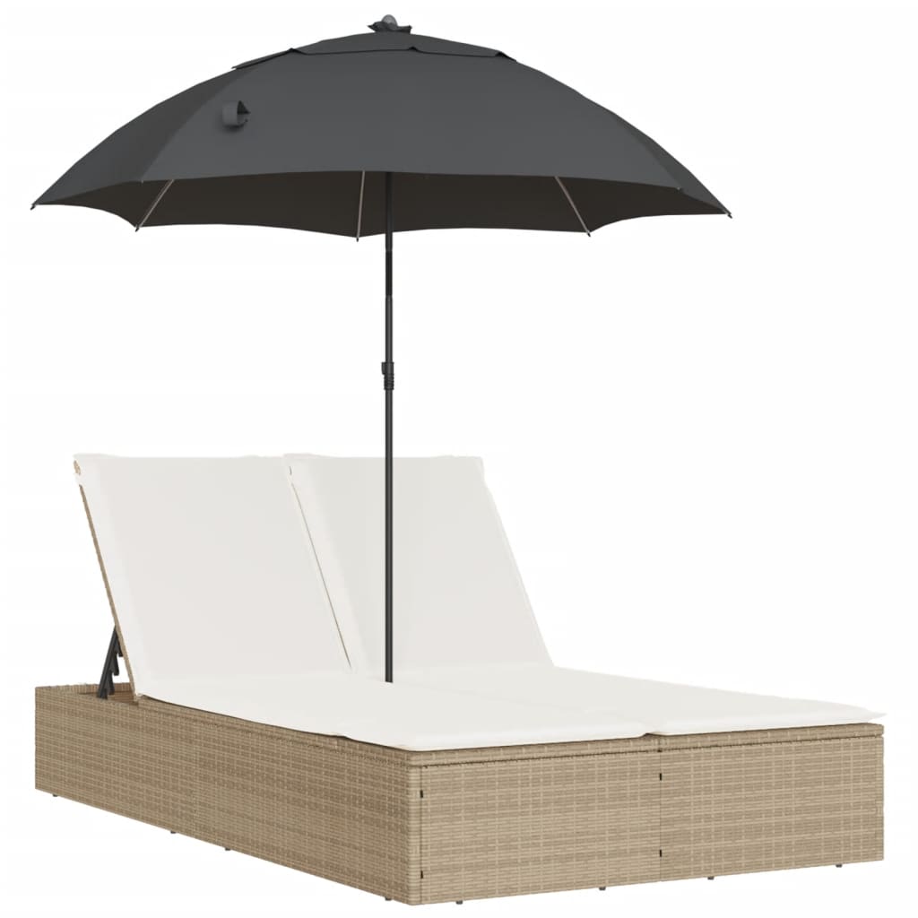 Bain de soleil double avec coussins et parasol en polyrotin beige