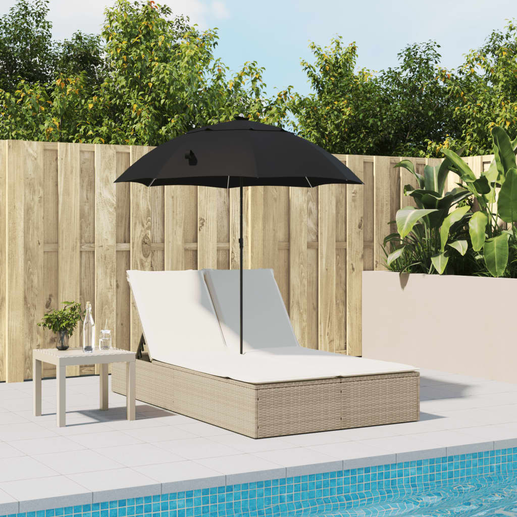 Bain de soleil double avec coussins et parasol en polyrotin beige