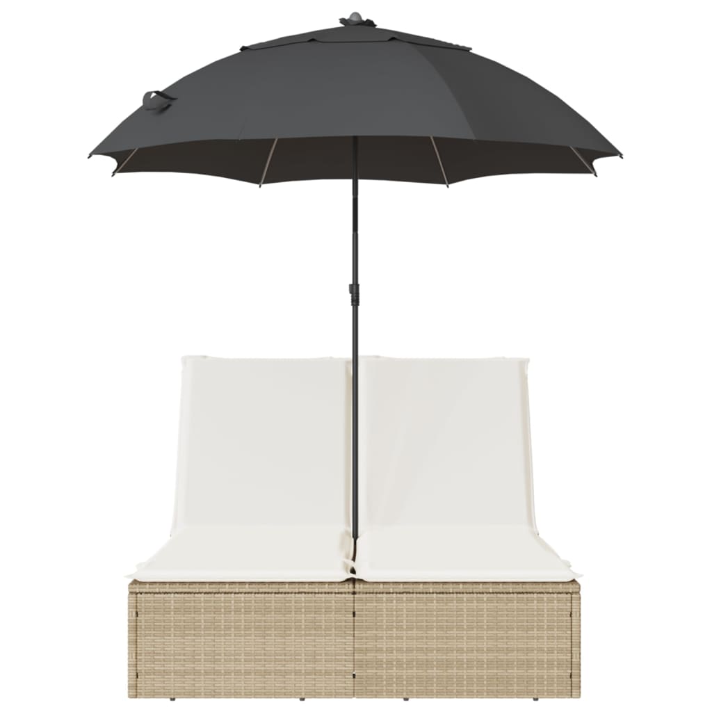 Bain de soleil double avec coussins et parasol en polyrotin beige