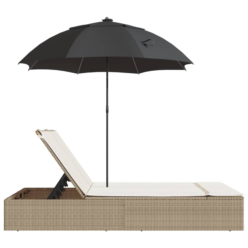 Bain de soleil double avec coussins et parasol en polyrotin beige