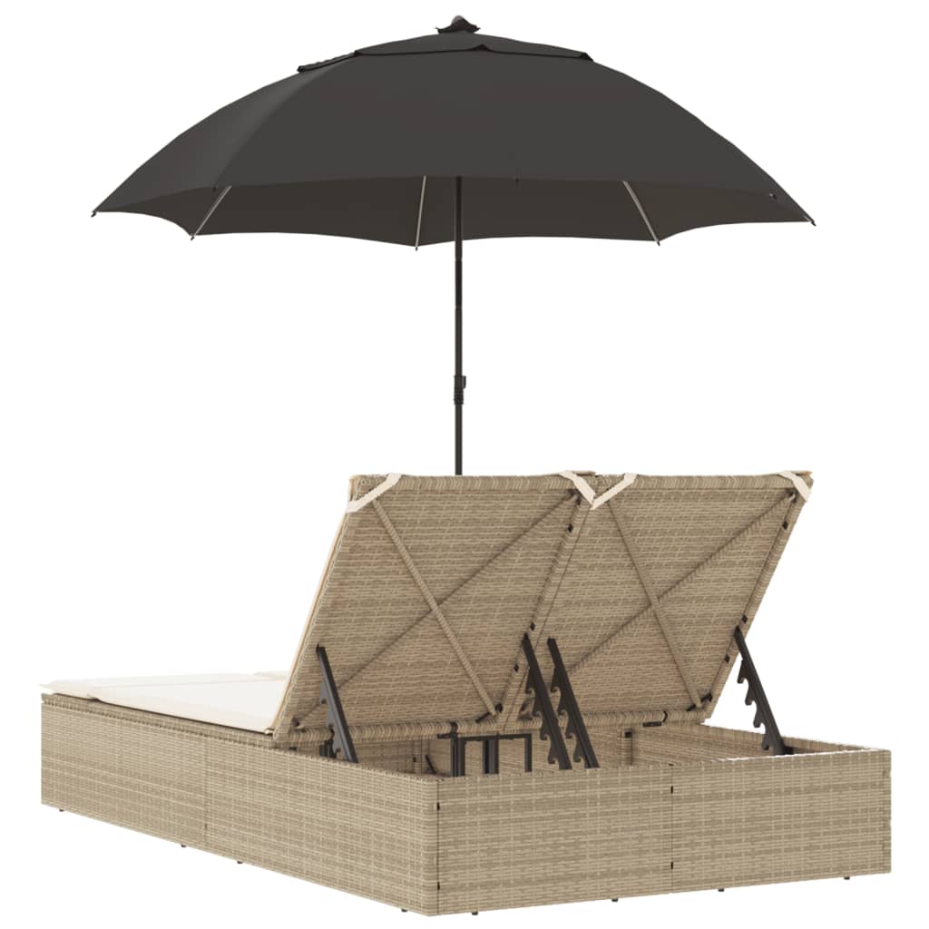 Bain de soleil double avec coussins et parasol en polyrotin beige