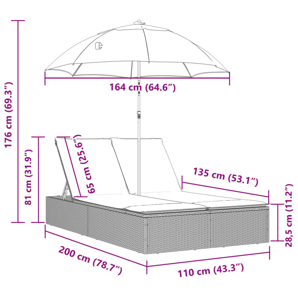 Doppel-Sonnenliege mit Kissen & Schirm Hellgrau Poly Rattan