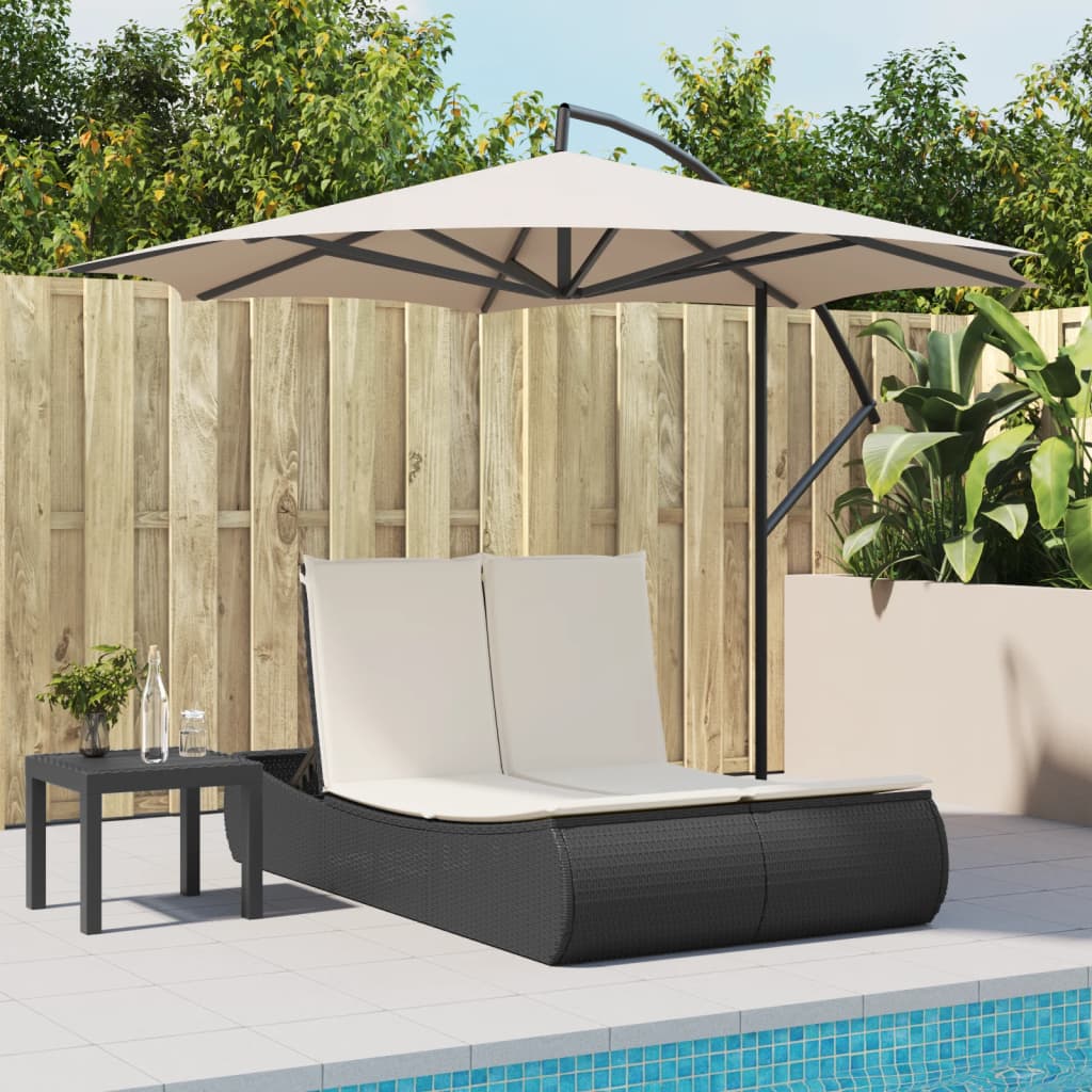 Doppel-Sonnenliege mit Kissen Schwarz Poly Rattan