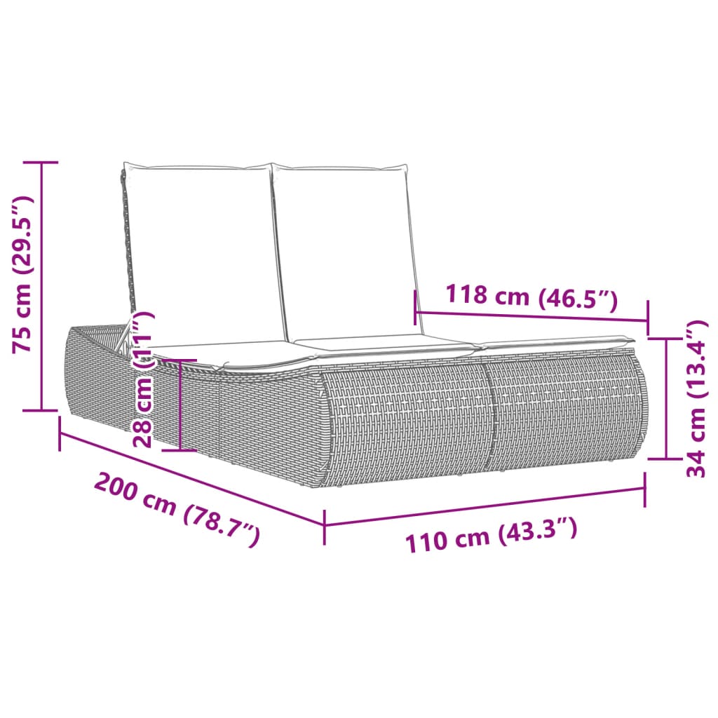 Bain de soleil double avec coussins en polyrotin marron