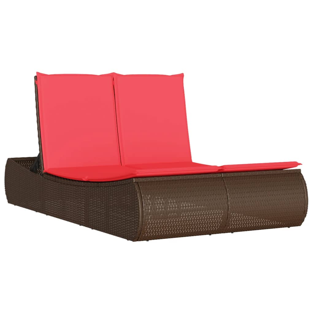 Doppel-Sonnenliege mit Auflagen Braun Poly Rattan