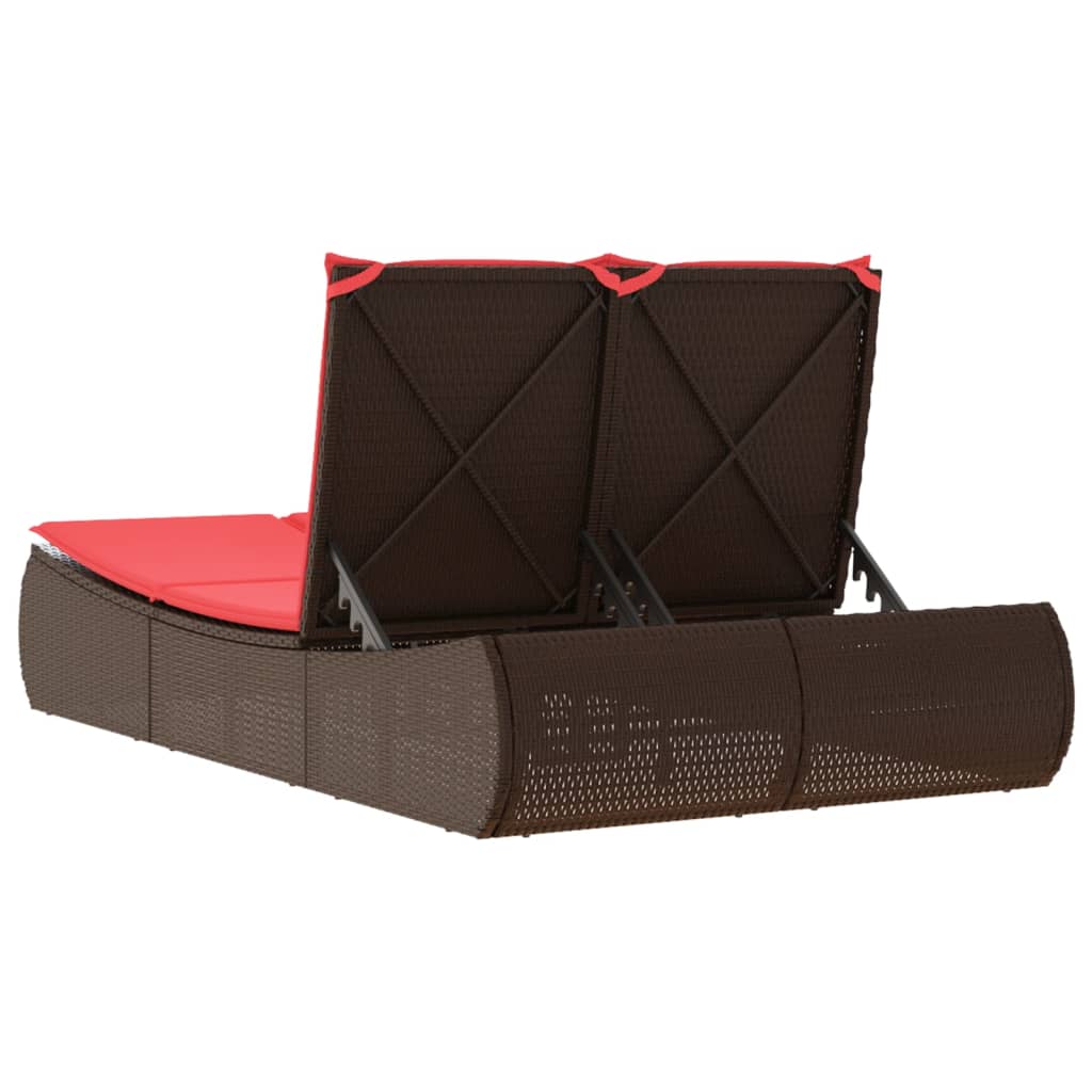 Doppel-Sonnenliege mit Auflagen Braun Poly Rattan