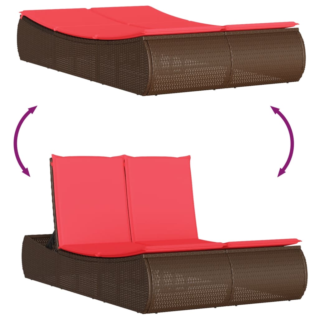 Doppel-Sonnenliege mit Auflagen Braun Poly Rattan