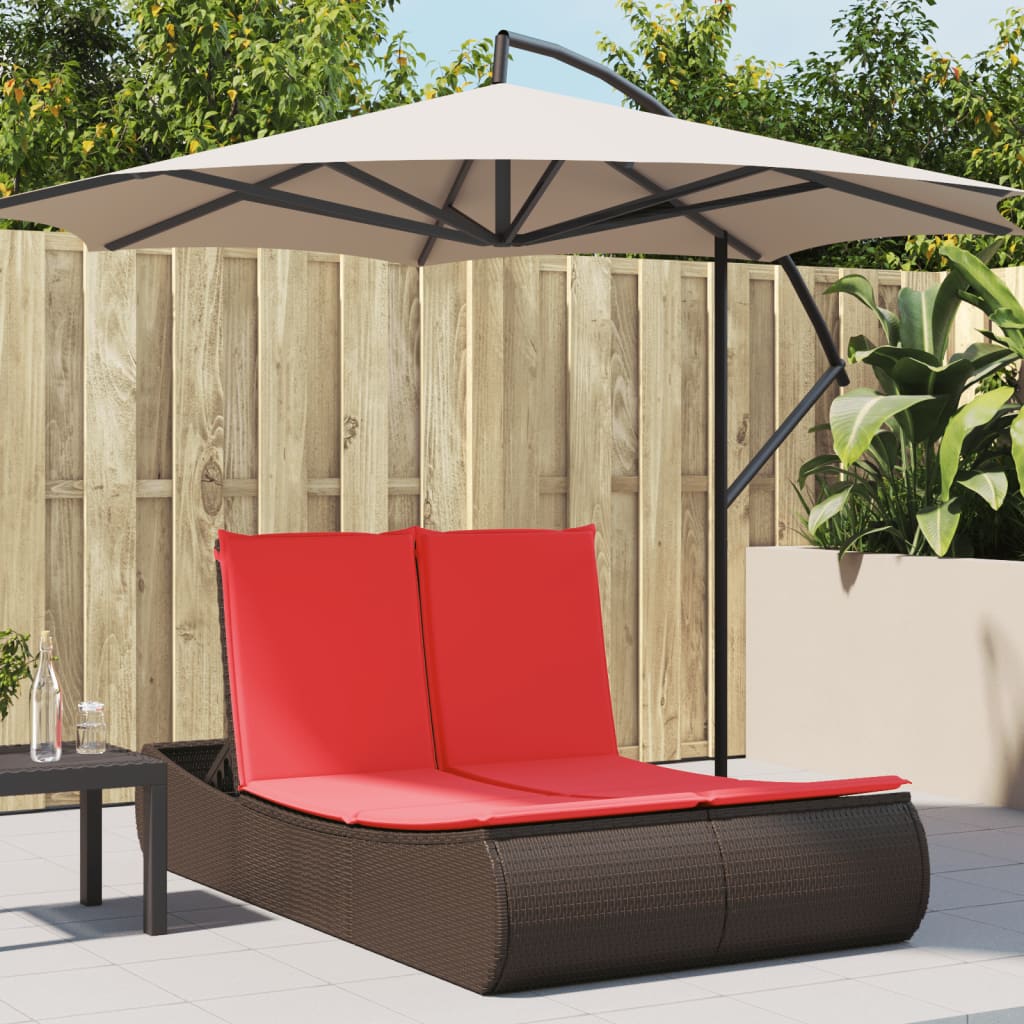 Doppel-Sonnenliege mit Auflagen Braun Poly Rattan