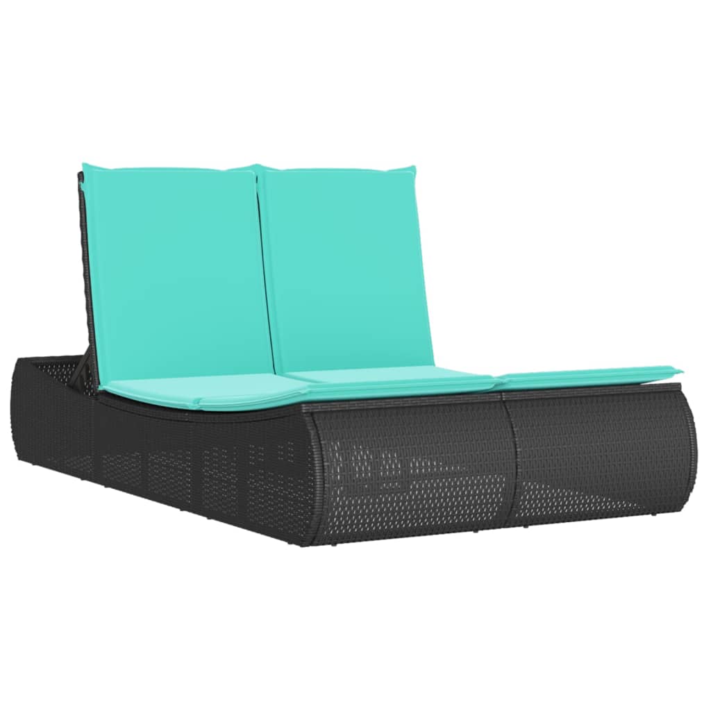 Doppel-Sonnenliege mit Kissen Schwarz Poly Rattan