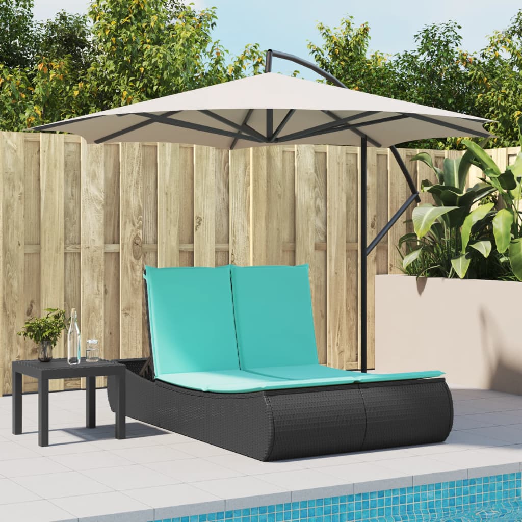 Doppel-Sonnenliege mit Kissen Schwarz Poly Rattan