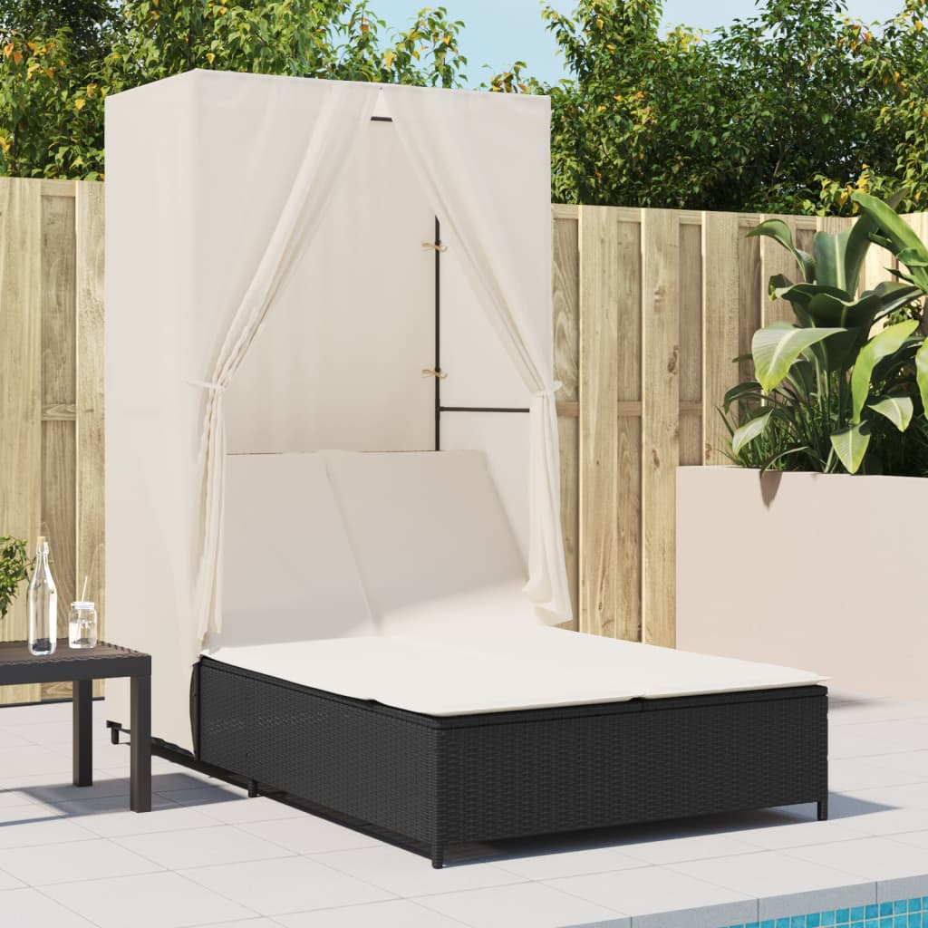 Bain de soleil double avec toit et rideaux Poly Rotin Noir