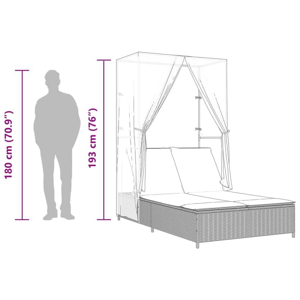 Bain de soleil double avec toit et rideaux Poly Rotin Noir