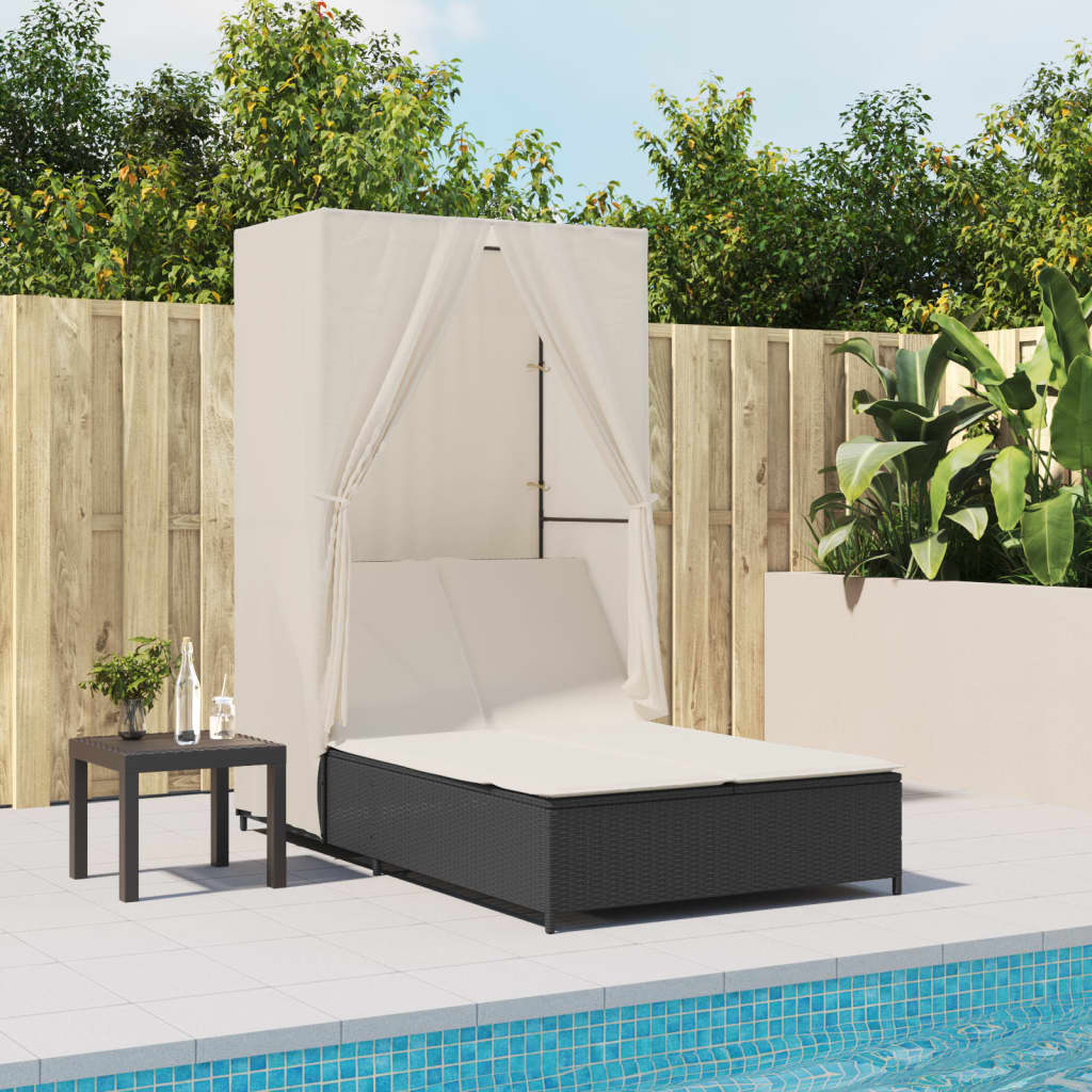 Bain de soleil double avec toit et rideaux Poly Rotin Noir