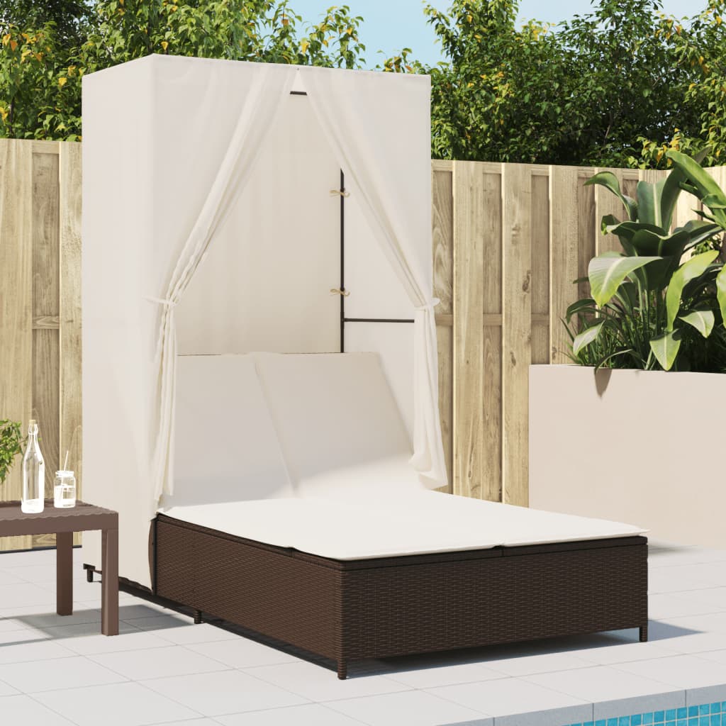 Bain de soleil double avec toit et rideaux en polyrotin marron