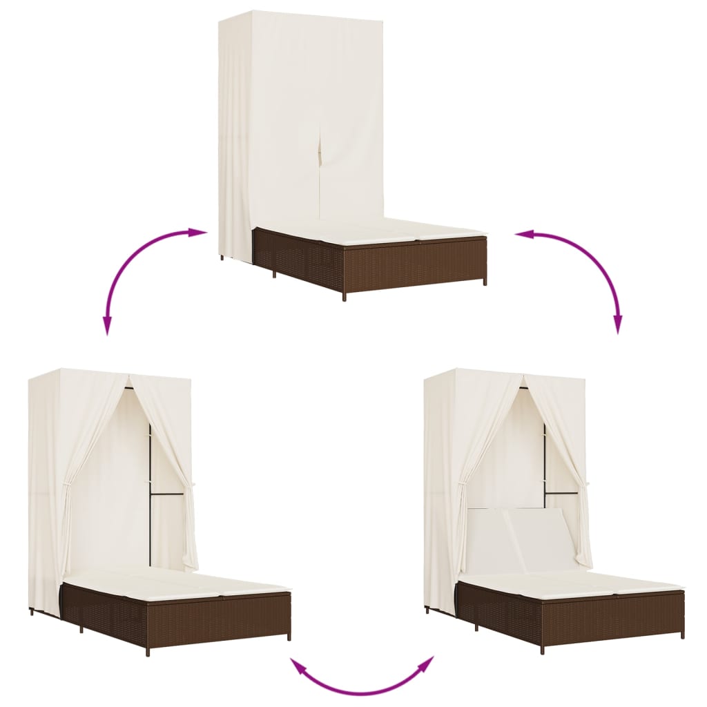 Bain de soleil double avec toit et rideaux en polyrotin marron