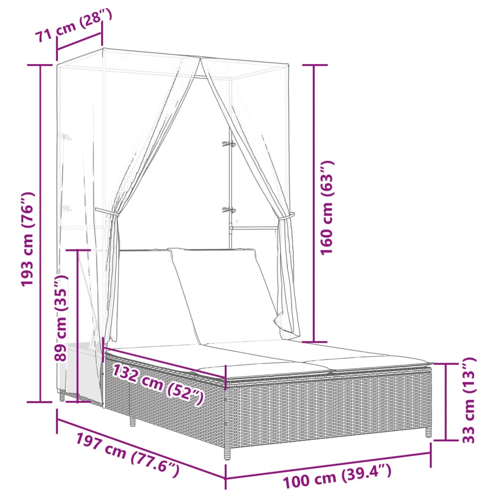 Bain de soleil double avec toit et rideaux en polyrotin marron