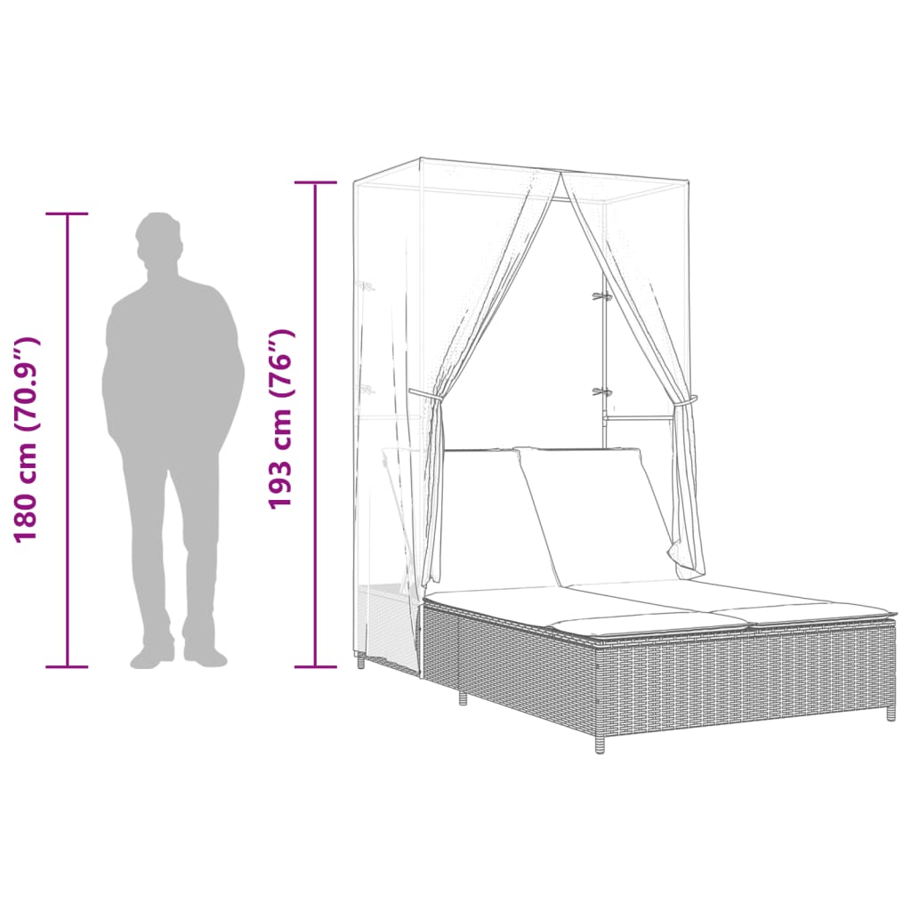 Bain de soleil double avec toit et rideaux en polyrotin marron