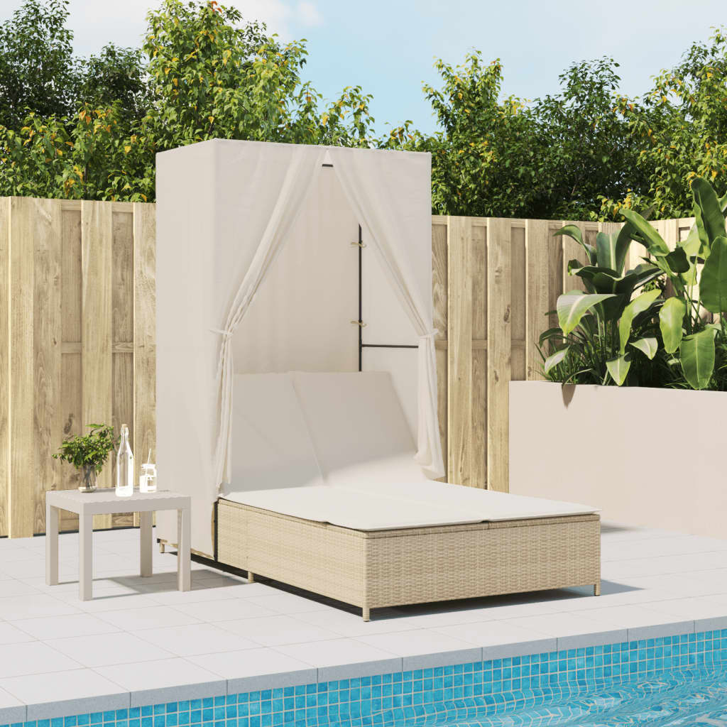 Bain de soleil double avec toit et rideaux en polyrotin beige