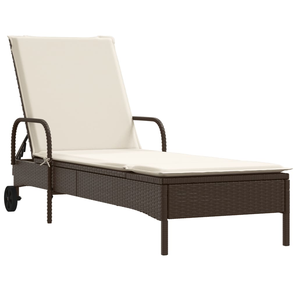 Bain de soleil à roulettes et coussin en polyrotin marron