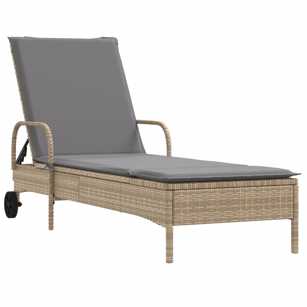 Bain de soleil à roulettes et coussin en polyrotin beige