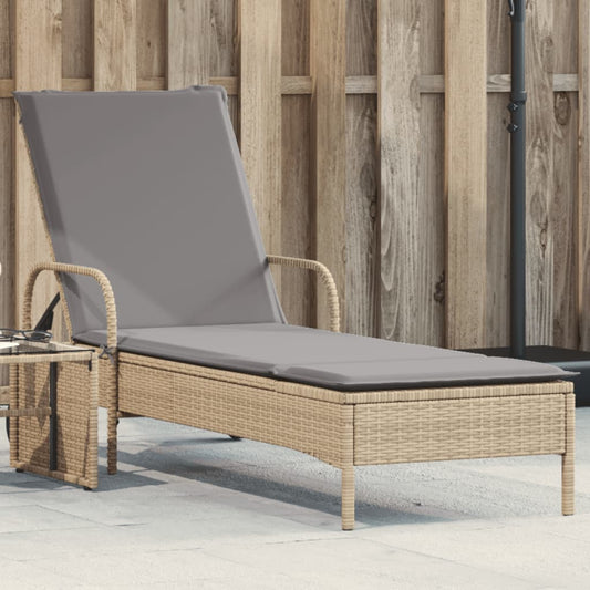 Bain de soleil à roulettes et coussin en polyrotin beige