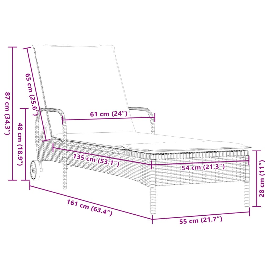 Sonnenliege mit Rollen und Auflage Beige Poly Rattan