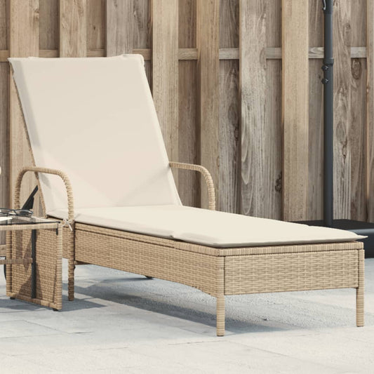 Bain de soleil à roulettes et coussin en polyrotin beige