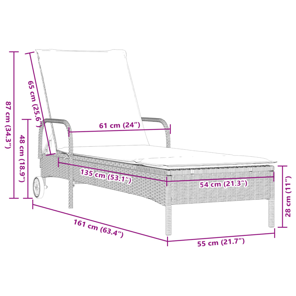 Bain de soleil à roulettes et coussin en polyrotin gris clair