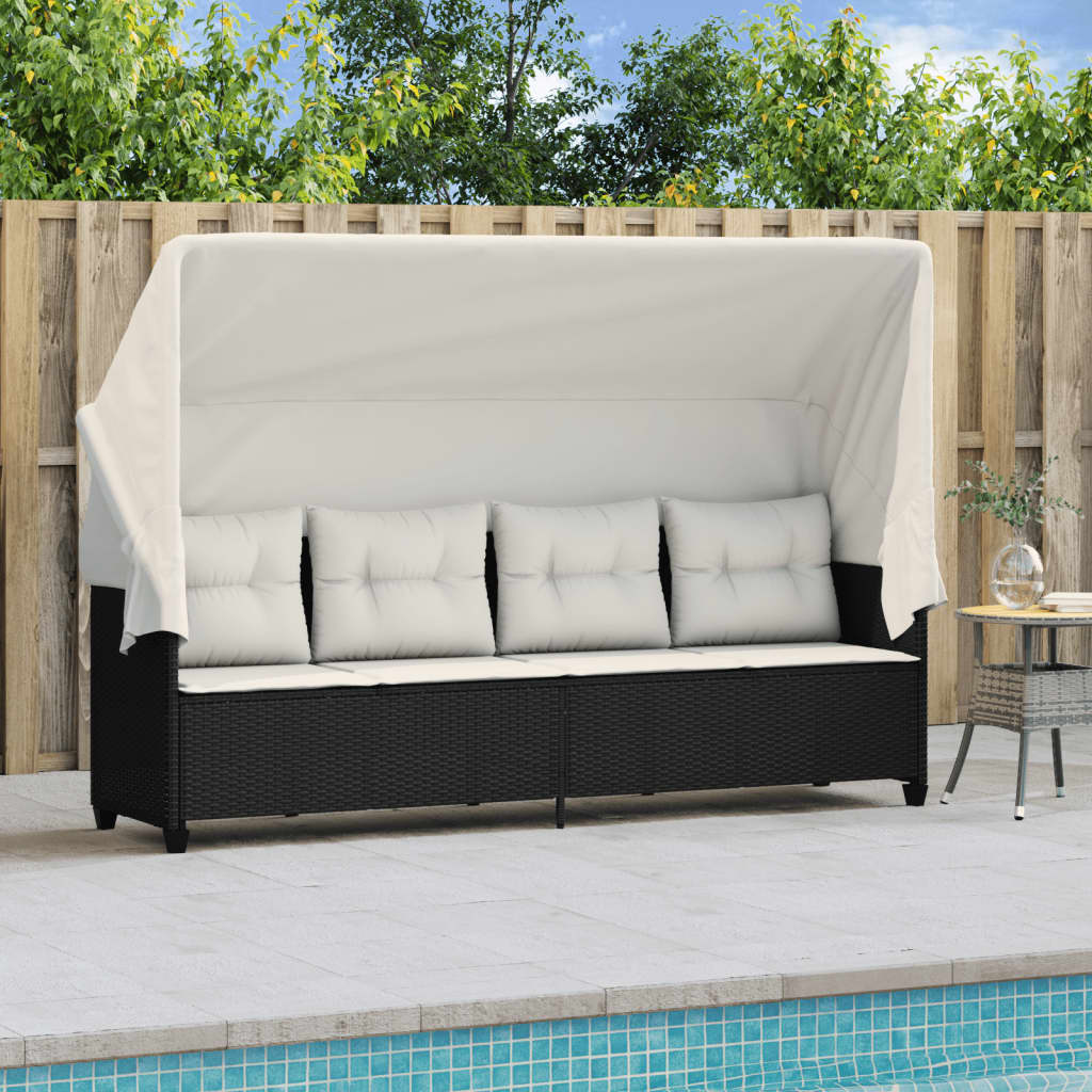 Bain de soleil avec toit et coussins Poly Rotin Noir