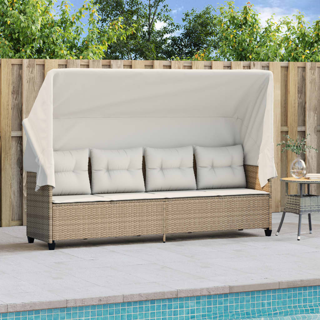 Bain de soleil avec toit et coussins en polyrotin beige