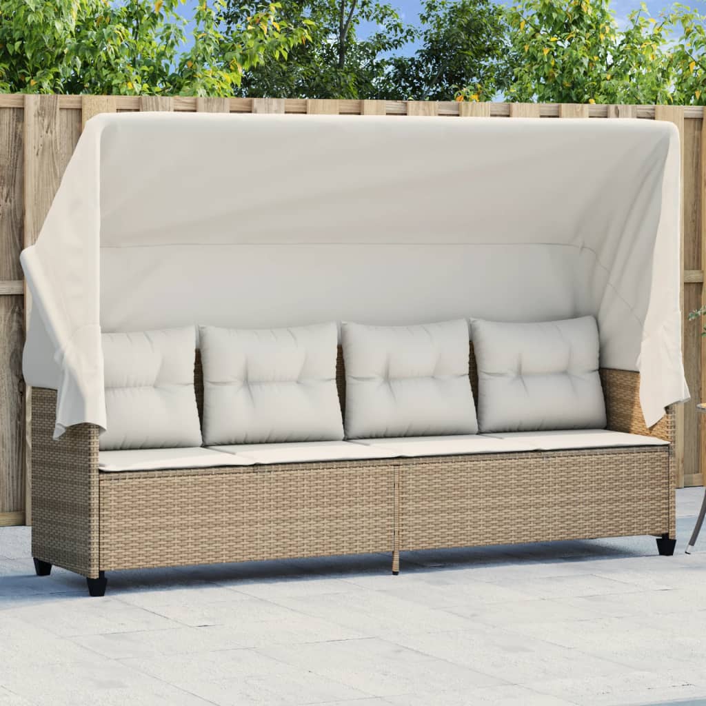 Bain de soleil avec toit et coussins en polyrotin beige