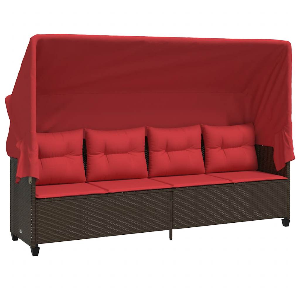 Sonnenliege mit Dach und Kissen Braun Poly Rattan