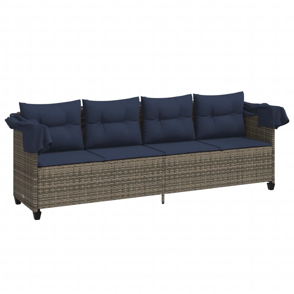 Sonnenliege mit Dach und Kissen Grau Poly Rattan