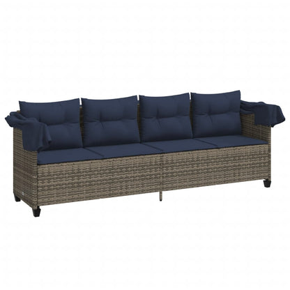 Sonnenliege mit Dach und Kissen Grau Poly Rattan