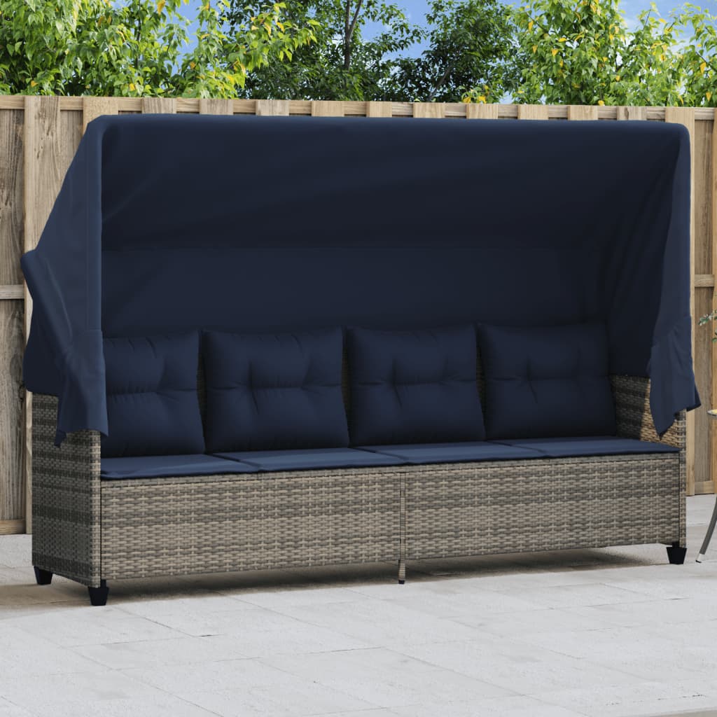 Sonnenliege mit Dach und Kissen Grau Poly Rattan