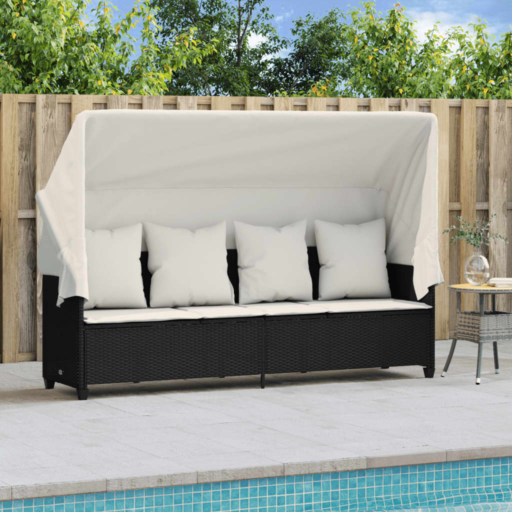 Bain de soleil avec toit et coussins Poly Rotin Noir