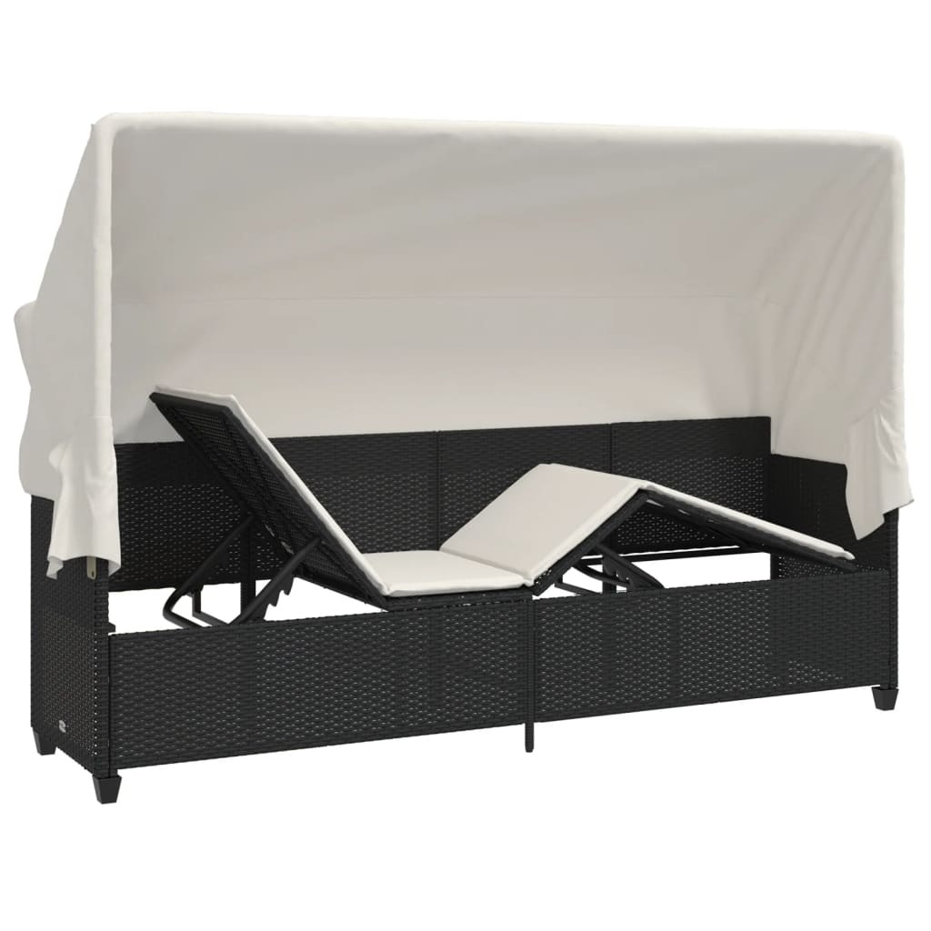 Bain de soleil avec toit et coussins Poly Rotin Noir