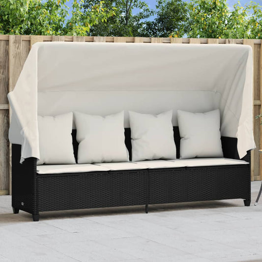 Bain de soleil avec toit et coussins Poly Rotin Noir