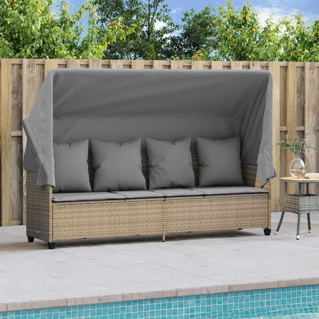 Bain de soleil avec toit et coussins en polyrotin beige