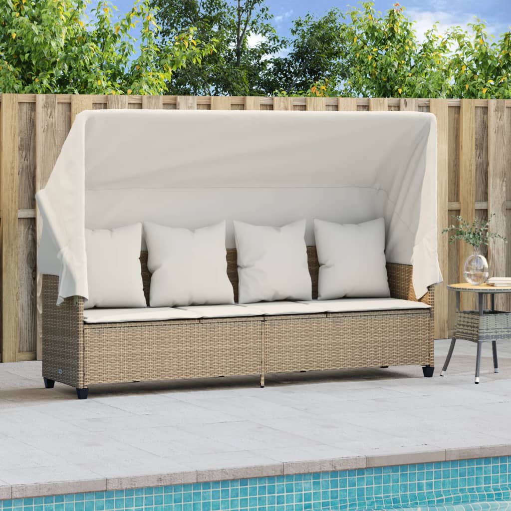 Bain de soleil avec toit et coussins en polyrotin beige