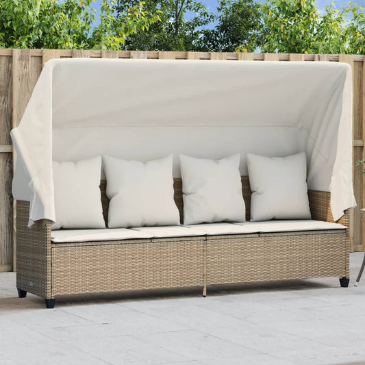 Bain de soleil avec toit et coussins en polyrotin beige