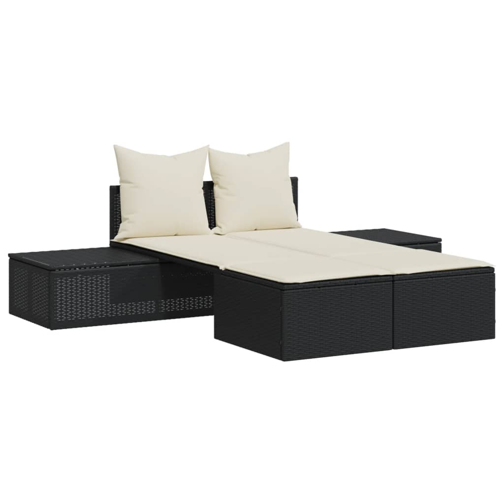 Bain de soleil double avec coussin en polyrotin noir